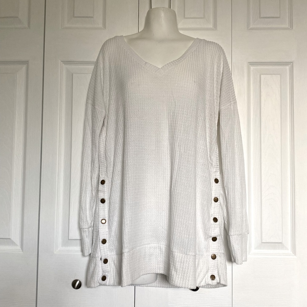 Lydiane Ivory V-Neck Long Sleeve Waffle Top, Size XL